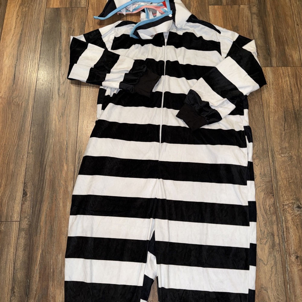 Beetlejuice Black & White Striped Hooded Sandworm One-Piece Costume Jumpsuit LXL - Picture 4 of 9